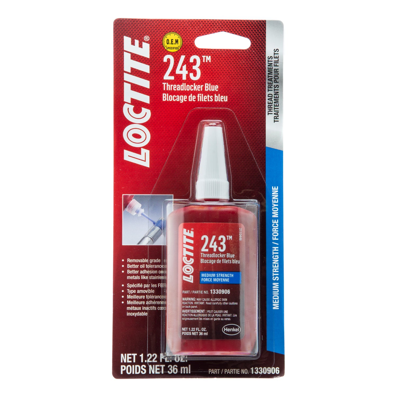 LOCTITE 243 Threadlocker for Automotive: Medium-Strength, Oil Tolerant,  High-Temperature, Anaerobic, General Purpose | Blue, 36 ml Red Bottle (PN