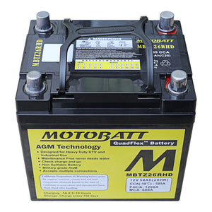 Motobatt MBTZ26RHD 12V AGM Battery Fits Polaris Ranger or RZR, Kawasaki Mule